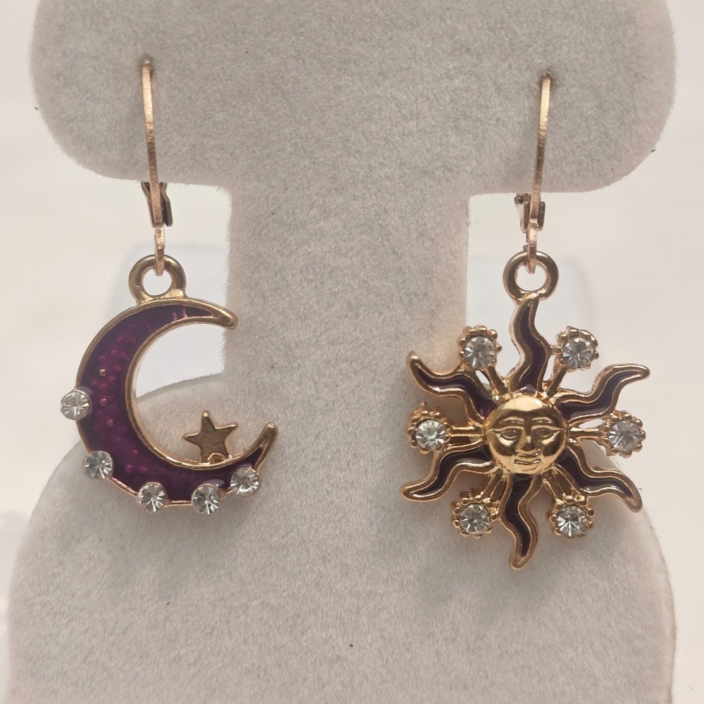 Gold Tone Sun Moon Mismatched Drop Earrings Purple Enamel Rhinestone Celestial